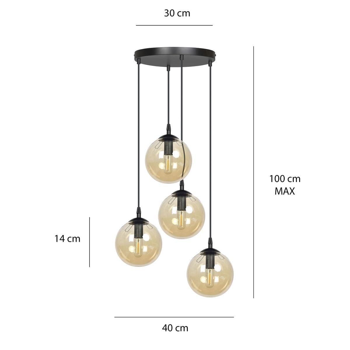 Lampa wisząca Cosmo Premium 4-punktowa w kolorze miodowym. Cztery okrągłe klosze z przezroczystego szkła zawieszone na czarnych przewodach, montowane do sufitowego podwieszenia o średnicy 30 cm. Wysokość regulowana do 100 cm.