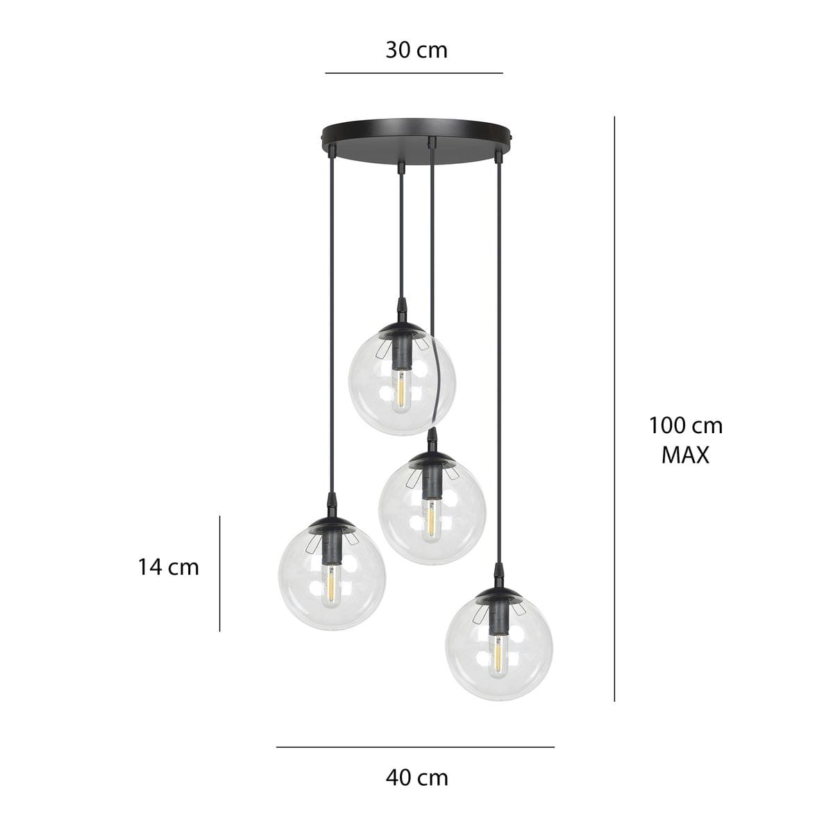 Lampa wisząca Cosmo Premium 4-punktowa z przezroczystymi kloszami, zamontowana na okrągłej czarnej podstawie. Klosze mają średnicę 14 cm, zawieszone na czarnych linkach o długości do 100 cm. Całość o średnicy 30 cm, w układzie pionowym.