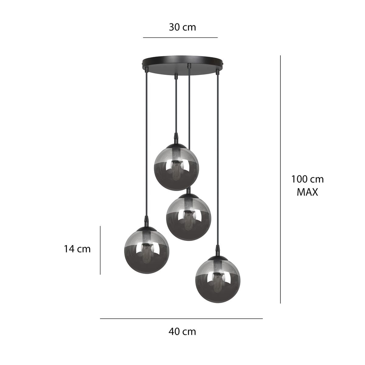 Lampa wisząca Cosmo Premium 4-punktowa w kolorze grafitowym, z czterema okrągłymi, szklanymi kloszami o średnicy 14 cm, zawieszona na czarnych linkach. Wymiary: średnica podsufitki 30 cm, maksymalna wysokość 100 cm. Prosta, nowoczesna forma.