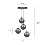 Lampa wisząca Cosmo Premium 4-punktowa w kolorze grafitowym, z czterema okrągłymi, szklanymi kloszami o średnicy 14 cm, zawieszona na czarnych linkach. Wymiary: średnica podsufitki 30 cm, maksymalna wysokość 100 cm. Prosta, nowoczesna forma.
