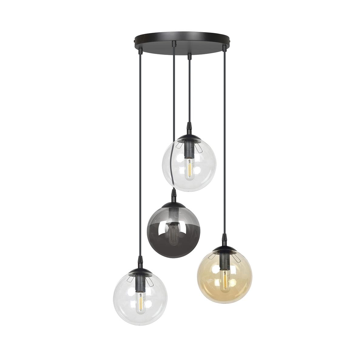 Lampa wisząca Cosmo Premium 4-punktowa w kolorach multikolorowych, z czterema szklanymi kloszami w odcieniach przezroczystym, szarym, czarnym i złotym, zawieszona na czarnych linkach. U góry okrągła, czarna podsufitka.
