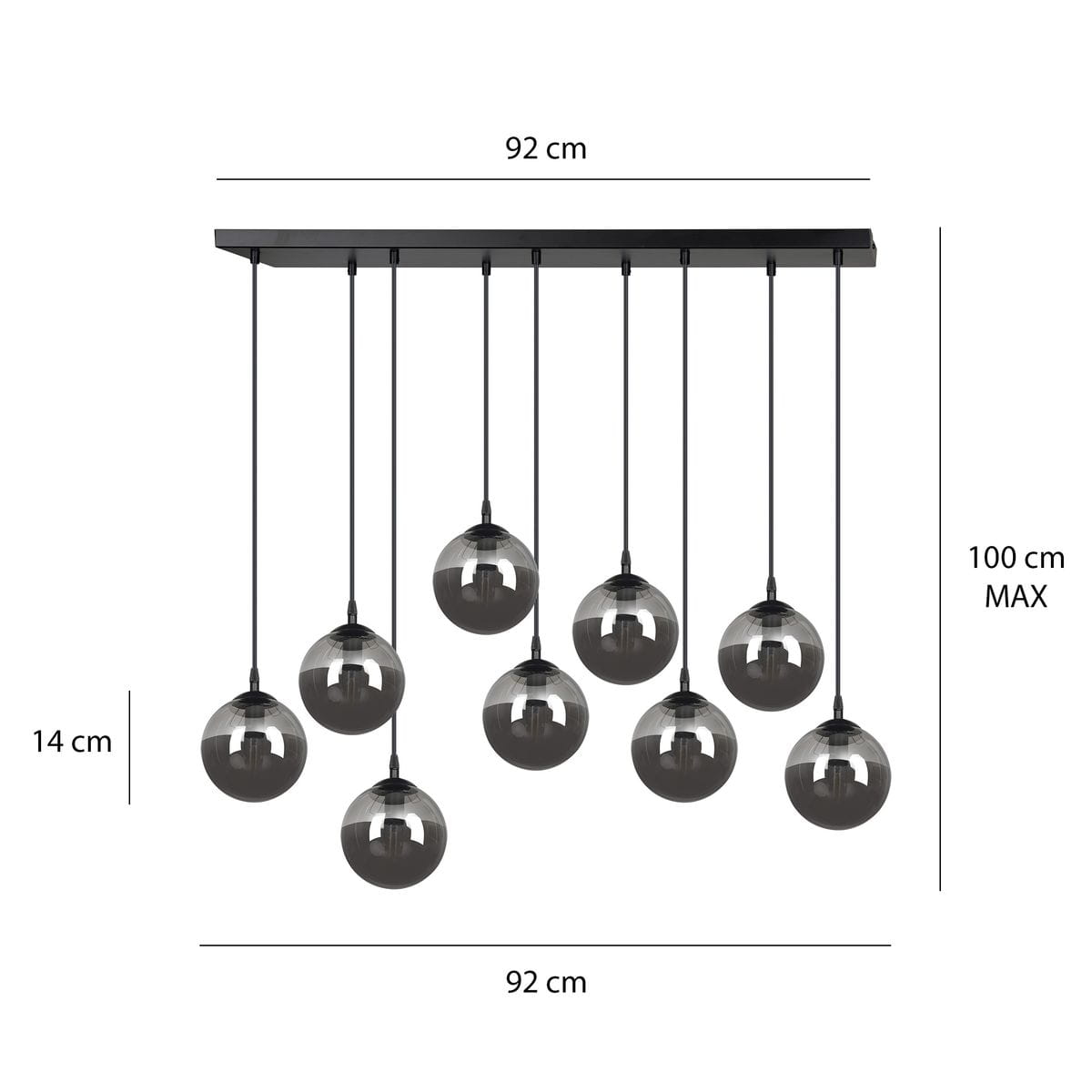 Lampa wisząca Cosmo 9-punktowa w kolorze grafitowym. Składa się z dziewięciu szklanych kul, zawieszonych na cienkich linkach, umocowanych do prostokątnej podstawy. Wymiary: szerokość 92 cm, wysokość maksymalna 100 cm, wysokość podstawy 14 cm.