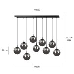 Lampa wisząca Cosmo 9-punktowa w kolorze grafitowym. Składa się z dziewięciu szklanych kul, zawieszonych na cienkich linkach, umocowanych do prostokątnej podstawy. Wymiary: szerokość 92 cm, wysokość maksymalna 100 cm, wysokość podstawy 14 cm.