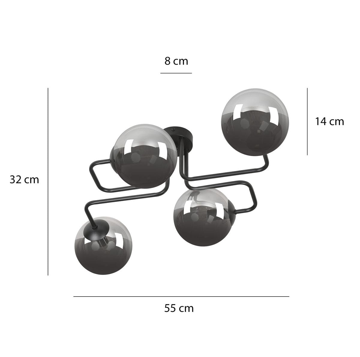 Lampa sufitowa Brendi 4-punktowa w kolorze grafitowym. Konstrukcja z czarnego metalu z czterema szklanymi kloszami o średnicy 14 cm. Wymiary: 55 cm szerokości, 32 cm wysokości, 8 cm głębokości. Ujęcie z boku, pokazujące detal i kształt.