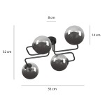 Lampa sufitowa Brendi 4-punktowa w kolorze grafitowym. Konstrukcja z czarnego metalu z czterema szklanymi kloszami o średnicy 14 cm. Wymiary: 55 cm szerokości, 32 cm wysokości, 8 cm głębokości. Ujęcie z boku, pokazujące detal i kształt.