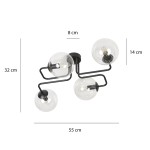 Lampa sufitowa Brendi 4-punktowa, transparentna. Konstrukcja z czarnymi metalowymi ramionami i szklanymi kloszami w formie kul. Wymiary: 55 cm szerokości, 32 cm wysokości, 14 cm głębokości. Ujęcie z boku, ukazujące wszystkie klosze i ich rozmieszczenie.