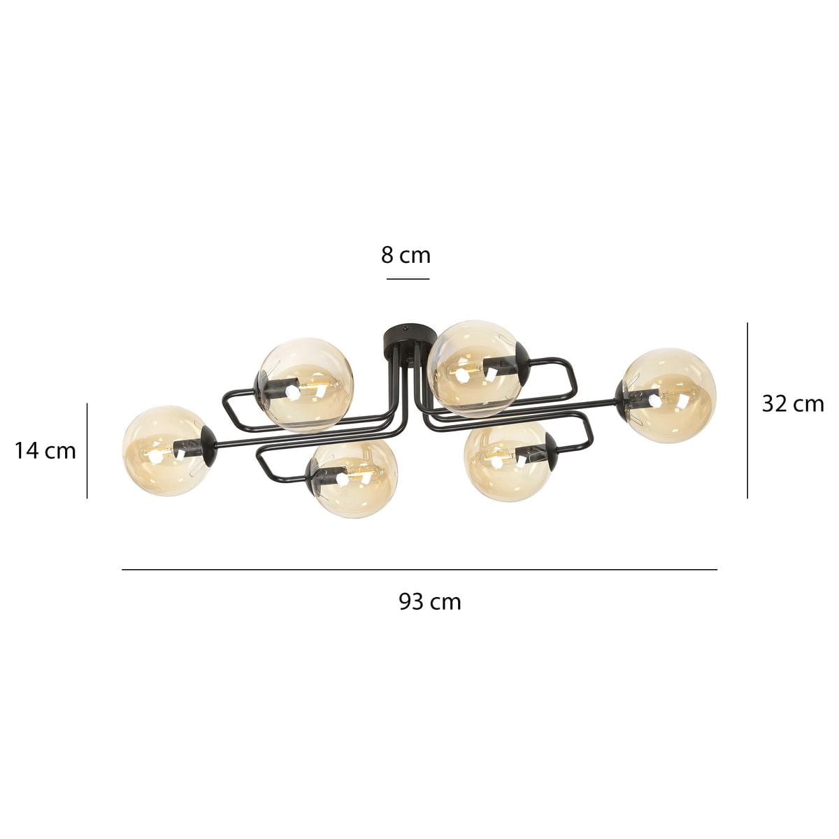 Lampa sufitowa Brendi A w kolorze miodowym, sześciopunktowa, z przezroczystymi kloszami. Wymiary: długość 93 cm, szerokość 8 cm, wysokość 32 cm, głębokość 14 cm. Metalowa konstrukcja w czarnym kolorze, nowoczesny design.