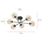 Lampa sufitowa Brendi B 6-punktowa w kolorze miodowym, o średnicy 75 cm i wysokości 32 cm. Konstrukcja z czarnymi elementami metalowymi i sześcioma szklanymi kloszami o średnicy 14 cm, rozmieszczonymi promieniście.