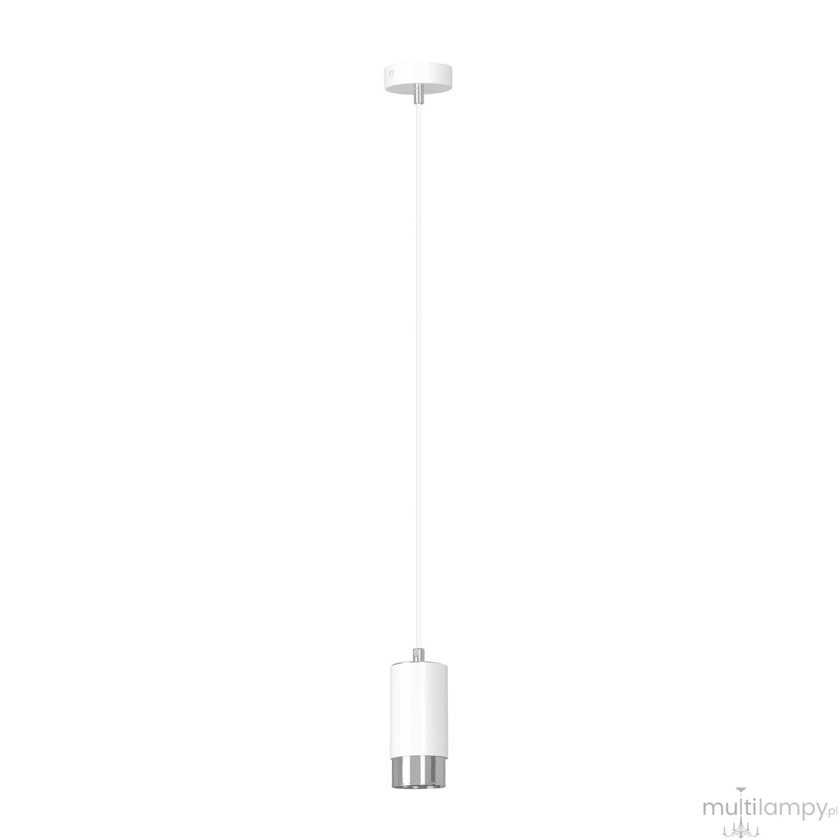 Lampa wisząca Fumiko 1-punktowa w kolorze białym z chromowanym detalem. Prosta, cylindryczna forma z długim, białym przewodem. Zawieszona na sufitowym mocowaniu, idealna do nowoczesnych wnętrz.