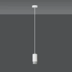 Lampa wisząca Fumiko 1-punktowa w kolorze białym z chromowanym detalem, zawieszona na cienkim przewodzie. Kształt cylindryczny, z górną częścią białą i dolną chromowaną. Prosta, nowoczesna konstrukcja, idealna do aranżacji wnętrz.