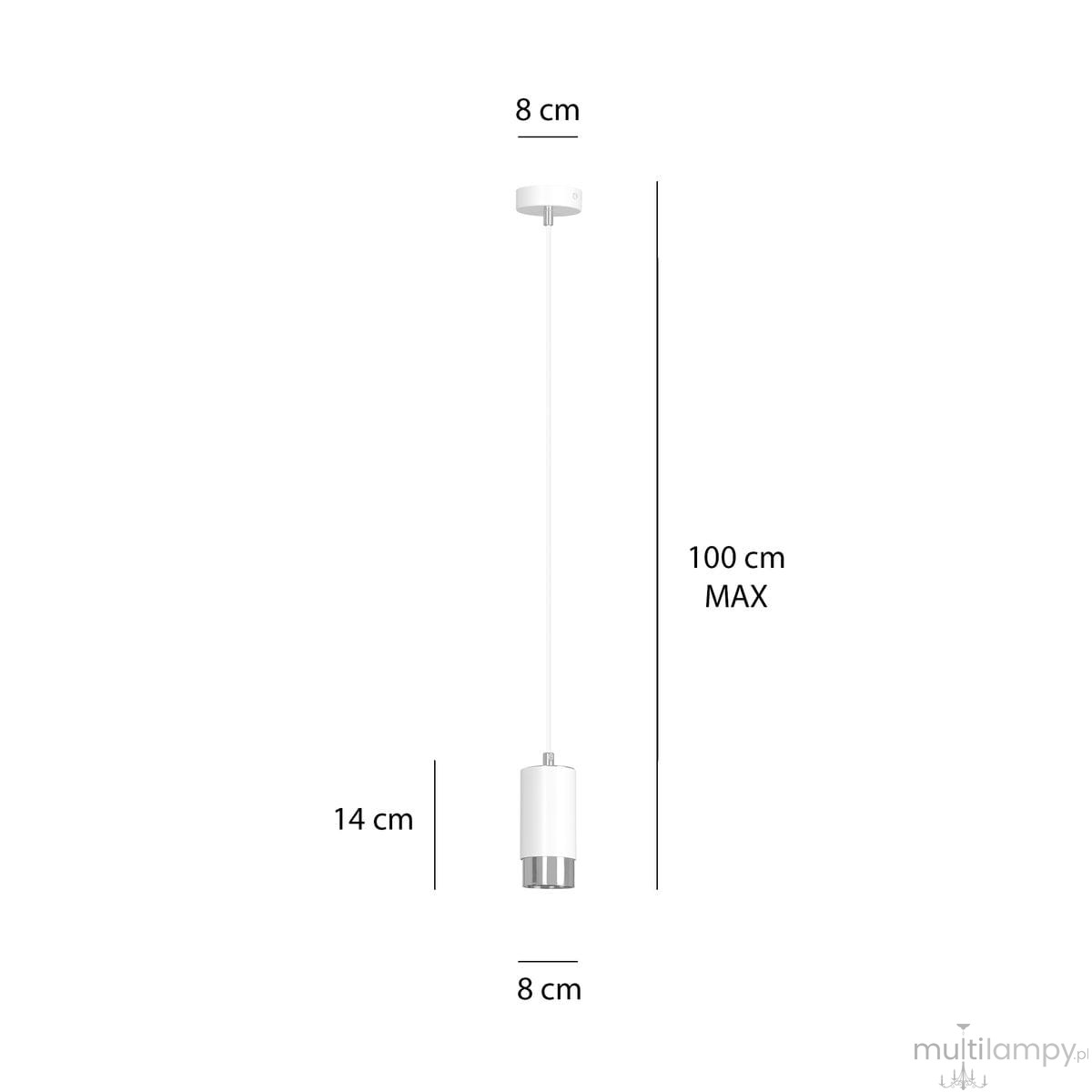 Lampa wisząca Fumiko 1-punktowa w kolorze białym z chromowanym detalem. Cylindryczny klosz o średnicy 8 cm i wysokości 14 cm, zawieszony na białym przewodzie o maksymalnej długości 100 cm. Prosty, nowoczesny design.