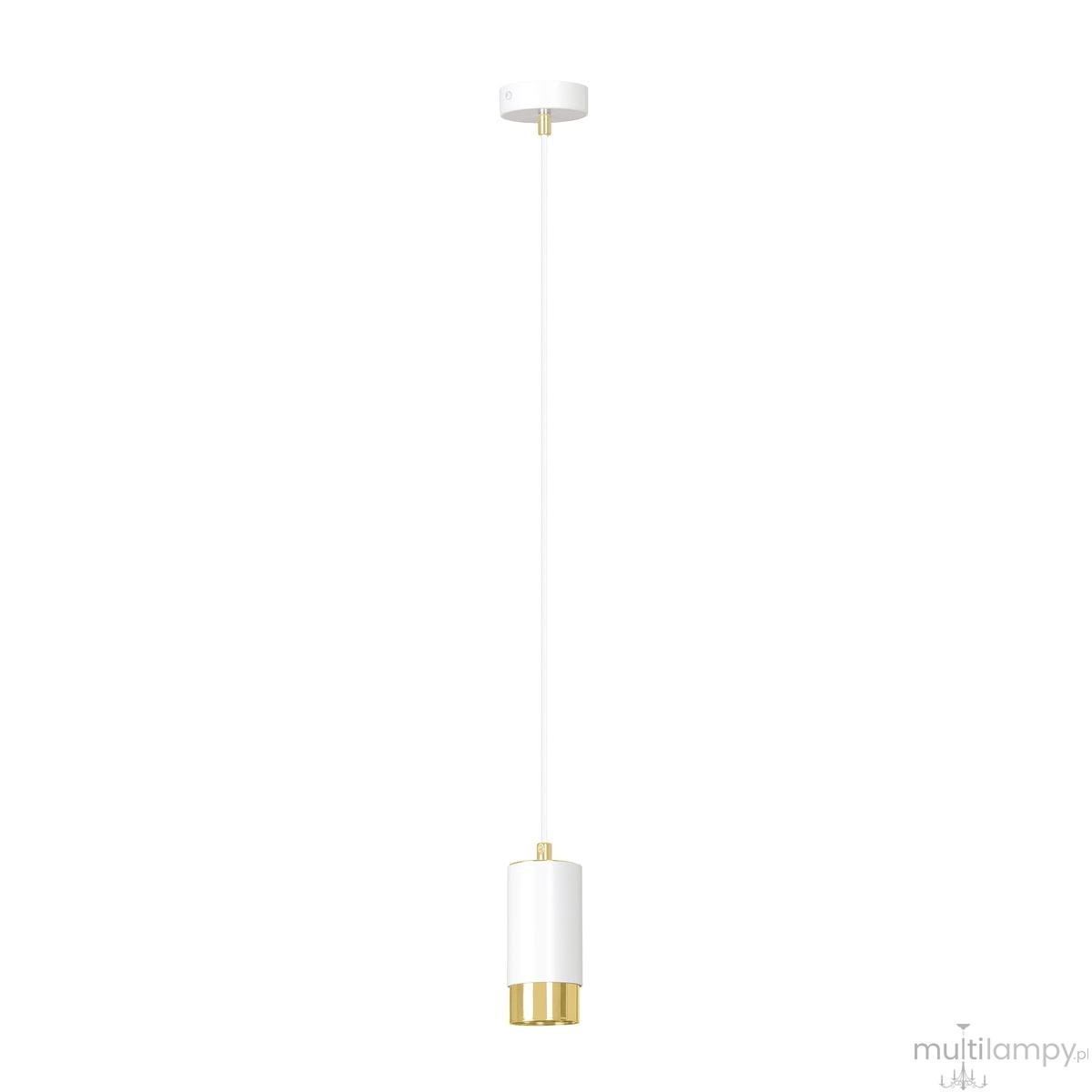 Lampa wisząca Fumiko 1-punktowa w kolorze białym z złotymi akcentami. Ma cylindryczny kształt z białym kloszem i złotą podstawą, zawieszona na cienkim, białym przewodzie. Produkt zamontowany na okrągłej, białej podstawie sufitowej.