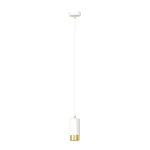 Lampa wisząca Fumiko 1-punktowa w kolorze białym z złotymi akcentami. Ma cylindryczny kształt z białym kloszem i złotą podstawą, zawieszona na cienkim, białym przewodzie. Produkt zamontowany na okrągłej, białej podstawie sufitowej.