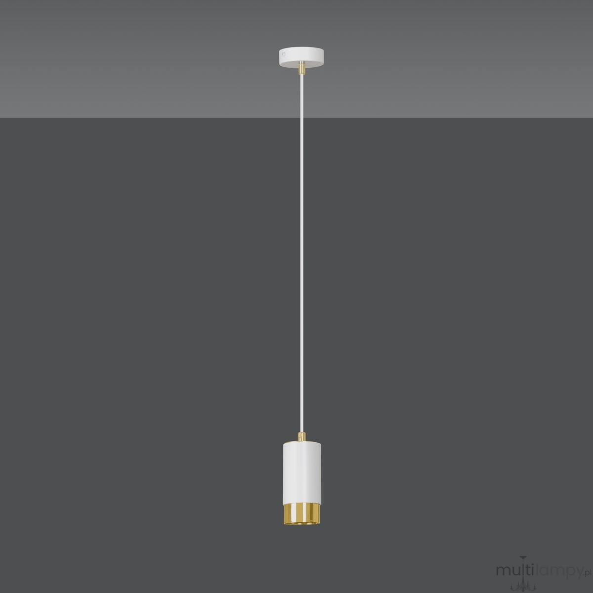 Lampa wisząca Fumiko 1-punktowa w białym kolorze z złotym detalem. Cylindryczna forma z białym kloszem i złotą podstawą, zawieszona na cienkim, białym przewodzie. Ujęcie frontalne, na jednolitym ciemnym tle.