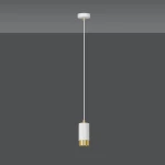 Lampa wisząca Fumiko 1-punktowa w białym kolorze z złotym detalem. Cylindryczna forma z białym kloszem i złotą podstawą, zawieszona na cienkim, białym przewodzie. Ujęcie frontalne, na jednolitym ciemnym tle.
