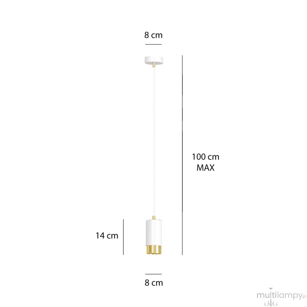 Lampa wisząca Fumiko 1-punktowa w kolorze białym z złotymi akcentami. Wysokość 100 cm, średnica 8 cm. Prosty cylindryczny kształt z metalowym wykończeniem. Idealna do nowoczesnych wnętrz.