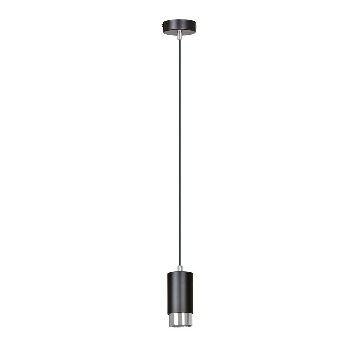 Lampa wisząca Fumiko 1-punktowa w kolorze czarnym i chromowanym. Cylindryczny klosz z matowego metalu z dolną chromowaną częścią, zawieszona na cienkim, czarnym przewodzie. Prosta, nowoczesna forma.