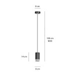 Lampa wisząca Fumiko 1-punktowa w kolorze czarnym z chromowanymi detalami, o wymiarach 8 cm średnicy i 14 cm wysokości, zawieszona na cienkim przewodzie o maksymalnej długości 100 cm. Prosta, cylindryczna forma.