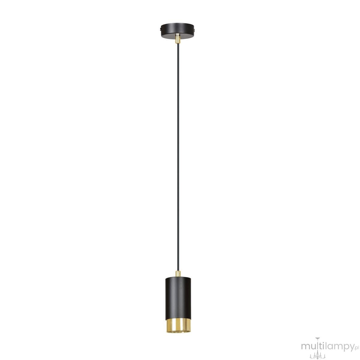Lampa wisząca Fumiko 1-punktowa w kolorze czarnym i złotym, o cylindrycznym kształcie. Zawieszona na cienkim, czarnym przewodzie z okrągłym, czarnym mocowaniem sufitowym. Górna część złota, dolna czarna, co tworzy kontrastowy efekt.