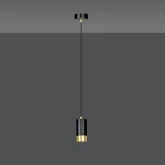 Lampa wisząca Fumiko 1-punktowa, w kolorze czarnym z złotym detalem. Cylindryczny klosz zawieszony na cienkim, czarnym przewodzie. Prosta, nowoczesna forma, zamocowana do sufitowej podstawy. Idealna do minimalistycznych wnętrz.