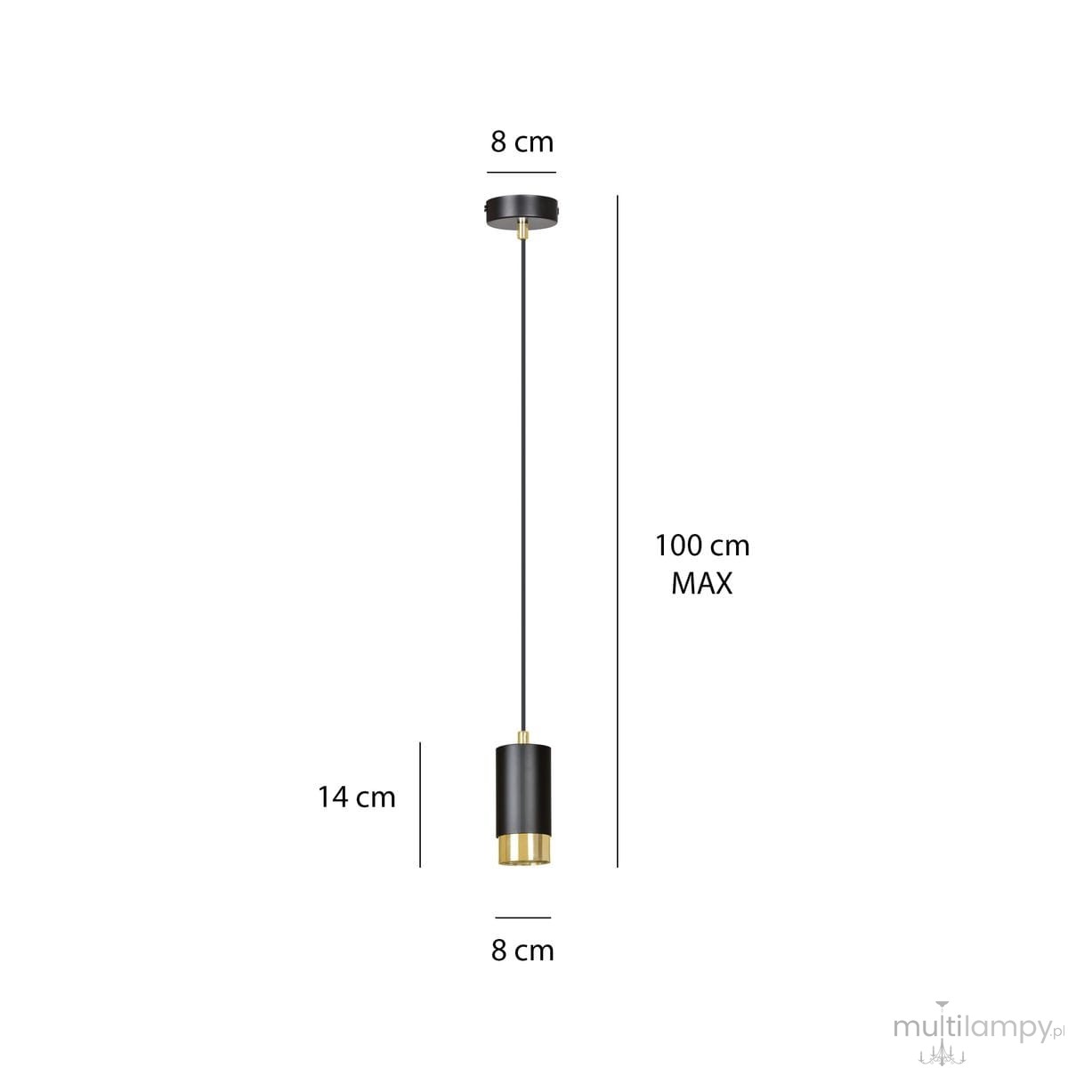 Lampa wisząca Fumiko 1-punktowa w kolorze czarnym z złotymi detalami. Cylindryczny klosz o średnicy 8 cm i wysokości 14 cm, zawieszony na cienkim przewodzie o maksymalnej długości 100 cm. Prosty, nowoczesny design.