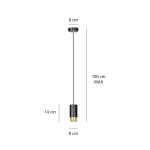 Lampa wisząca Fumiko 1-punktowa w kolorze czarnym z złotymi detalami. Cylindryczny klosz o średnicy 8 cm i wysokości 14 cm, zawieszony na cienkim przewodzie o maksymalnej długości 100 cm. Prosty, nowoczesny design.