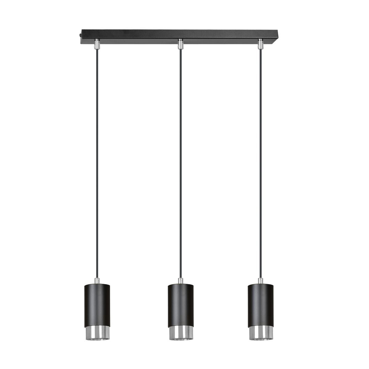 Lampa wisząca Fumiko 3-punktowa w kolorze czarnym i chromowanym. Składa się z trzech cylindrycznych kloszy zawieszonych na cienkich linkach, zamontowanych na prostokątnej podstawie. Ujęcie frontalne, na białym tle.