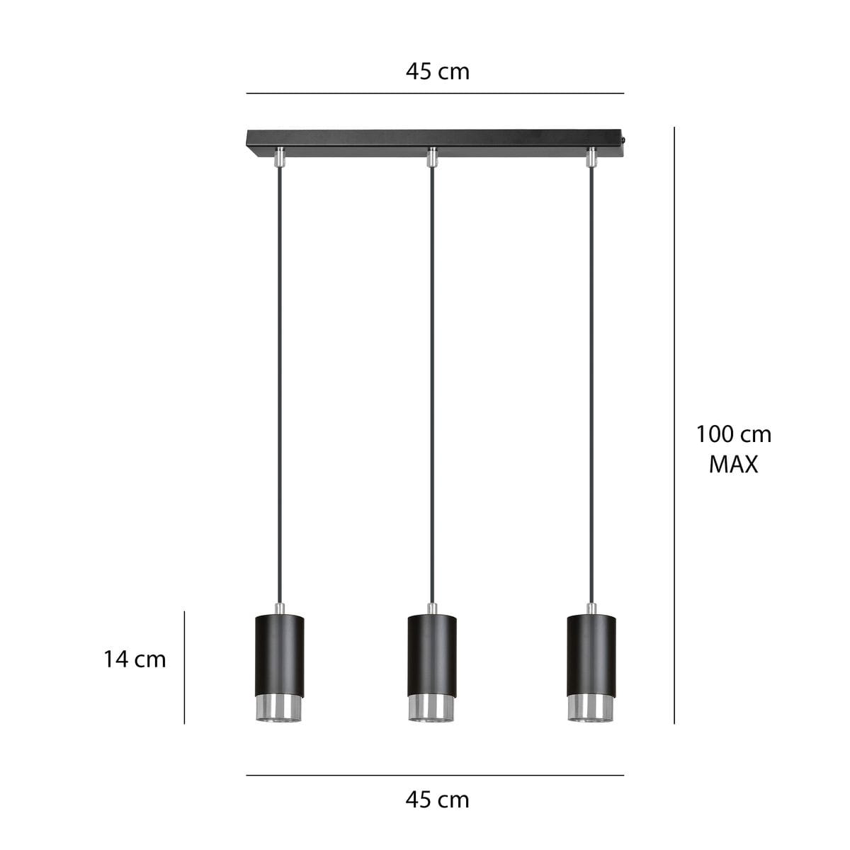 Lampa wisząca Fumiko 3-punktowa w kolorze czarnym i chromowanym. Składa się z trzech cylindrycznych kloszy o wysokości 14 cm, zawieszonych na czarnych linkach. Całkowita długość maksymalna to 100 cm, szerokość podstawy 45 cm.