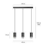 Lampa wisząca Fumiko 3-punktowa w kolorze czarnym i chromowanym. Składa się z trzech cylindrycznych kloszy o wysokości 14 cm, zawieszonych na czarnych linkach. Całkowita długość maksymalna to 100 cm, szerokość podstawy 45 cm.