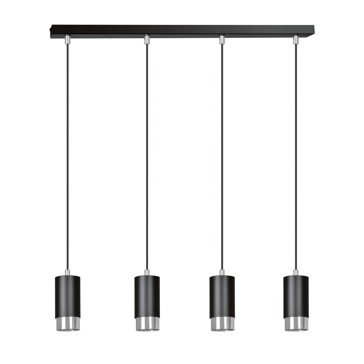 Lampa wisząca Fumiko 4-punktowa w kolorze czarnym i chromowanym. Składa się z czterech cylindrycznych opraw z przezroczystym dnem, zawieszonych na cienkich linkach, osadzonych na prostokątnej podstawie.