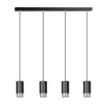 Lampa wisząca Fumiko 4-punktowa w kolorze czarnym i chromowanym. Składa się z czterech cylindrycznych opraw z przezroczystym dnem, zawieszonych na cienkich linkach, osadzonych na prostokątnej podstawie.