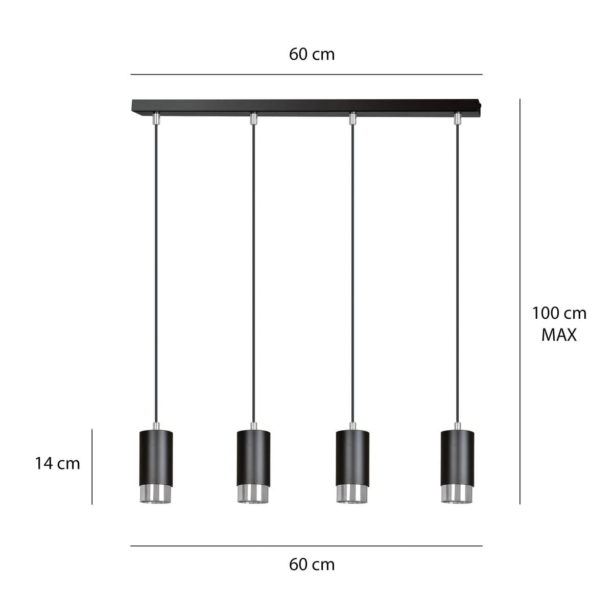Lampa wisząca Fumiko 4-punktowa w kolorze czarnym i chromowanym. Składa się z czterech cylindrycznych kloszy o wysokości 14 cm, zawieszonych na czarnym stelażu o długości 60 cm. Długość zawieszenia do 100 cm.