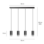Lampa wisząca Fumiko 4-punktowa w kolorze czarnym i chromowanym. Składa się z czterech cylindrycznych kloszy o wysokości 14 cm, zawieszonych na czarnym stelażu o długości 60 cm. Długość zawieszenia do 100 cm.
