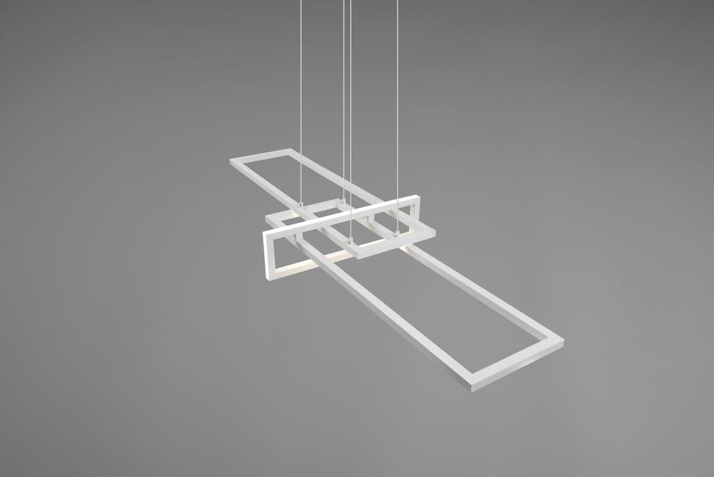 Lampa wisząca Salinas LED w białym kolorze, 3-punktowa, składająca się z geometrycznych, prostokątnych ram, zawieszona na cienkich linkach. Wykonana z materiału o gładkiej powierzchni, emituje światło o temperaturze 4000K.