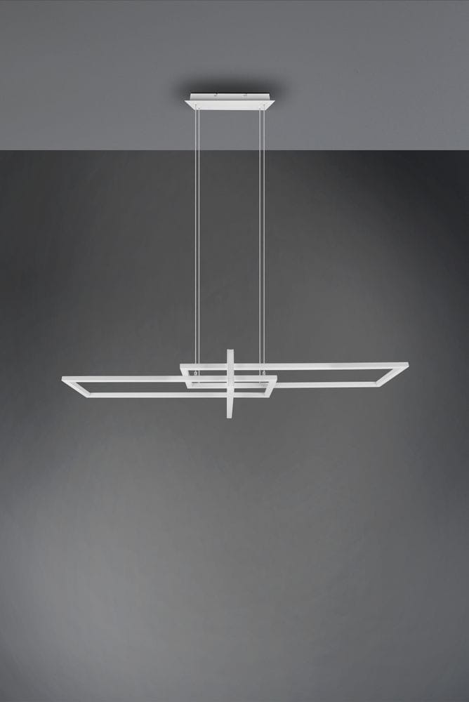 Lampa wisząca Salinas LED 4000K, 3-punktowa, w kolorze białym. Produkt w zawieszeniu, z prostokątnymi i kwadratowymi elementami. Ujęcie frontalne na jednolitym tle, pokazujące minimalistyczny design i subtelną konstrukcję.