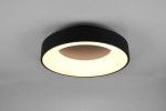 Plafon LED Girona 3000K, jednopunktowy, w kolorze czarnym. Okrągła, matowa obudowa z białym, rozproszonym światłem. Ujęcie z góry, produkt zamontowany na suficie, na jednolitym tle.