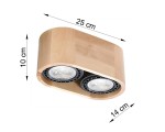 Lampa sufitowa 2-punktowa o drewnianej obudowie w kolorze jasnego drewna. Wymiary: 25 cm długości, 14 cm szerokości, 10 cm wysokości. Dwa okrągłe reflektory z czarnymi obręczami, zamontowane na prostokątnej podstawie.