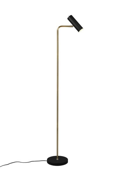 Lampa podłogowa Marley 1-punktowa z mosiężnym stelażem i czarnym kloszem. Ustawiona w pozycji stojącej, z okrągłą podstawą. Klosz skierowany w górę, z widocznym przewodem zasilającym. Prosty, nowoczesny design.
