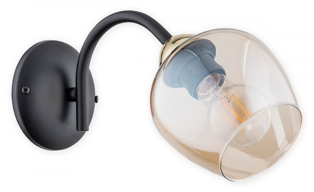 Kinkiet Katla 1-punktowy w kolorze czarnym z bursztynowym kloszem. Okrągła podstawa montażowa, zakrzywiony uchwyt. Wewnątrz żarówka z widocznymi elementami. Klosz szklany, transparentny, o zaokrąglonym kształcie.