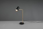 Lampa stołowa Marley 1-punktowa w kolorze mosiądzu i czarnym. Ma prostą, smukłą konstrukcję z okrągłą podstawą i regulowanym kloszem. Ujęcie z boku, na szarym tle, ukazuje elegancki design oraz przewód zasilający.