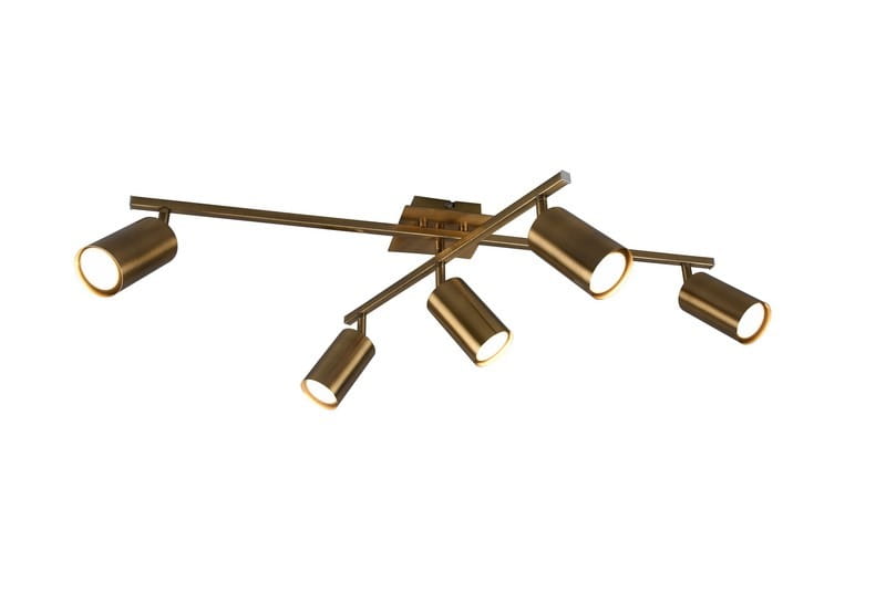 Lampa sufitowa Marley, 5-punktowa, w kolorze antycznego mosiądzu. Posiada pięć cylindrycznych reflektorów zamontowanych na krzyżującym się stelażu. Ujęcie z boku, ukazujące kształt i detale konstrukcji.