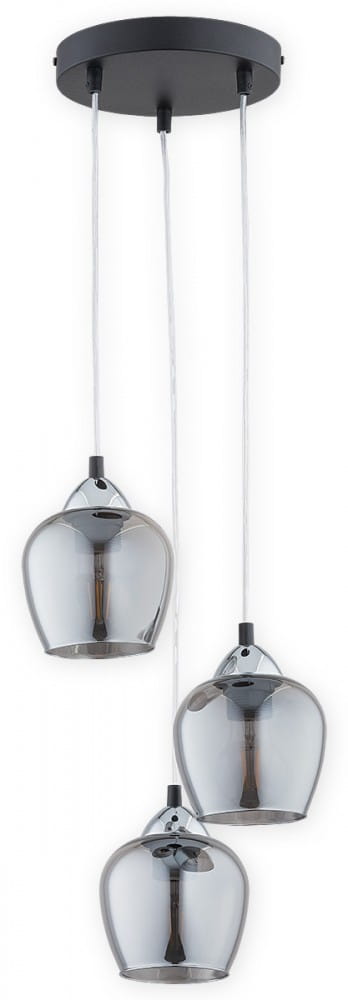 Lampa wisząca Margo 3-punktowa w kolorze czarnym i grafitowym. Posiada trzy szklane klosze w odcieniu szaro-przezroczystym, zawieszone na przezroczystych linkach, mocowane do okrągłej podstawy. Idealna do nowoczesnych wnętrz.
