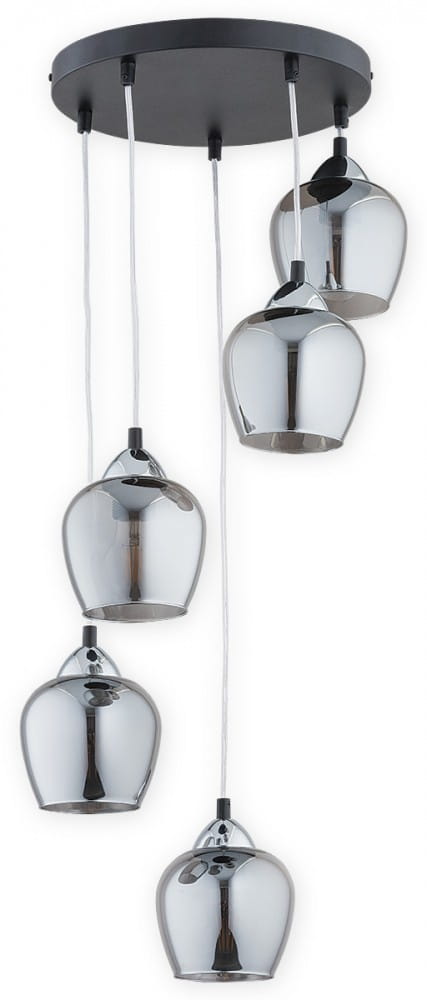 Lampa wisząca Margo z pięcioma abażurami w kolorze czarnym i grafitowym. Abażury mają kształt stożkowaty, wykonane z metalicznego materiału, zawieszone na przezroczystych przewodach. Utrzymana na okrągłej, czarnej podstawie.