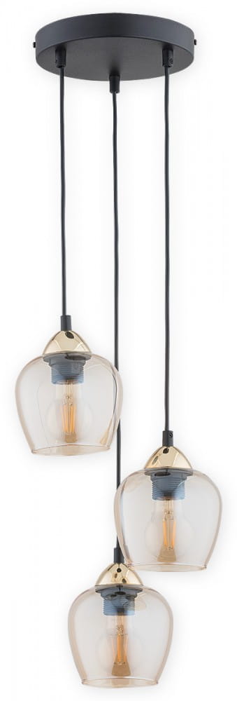 Lampa wisząca Margo 3-punktowa, czarna z wysklepieniem bursztynowym. Posiada trzy szklane klosze w kształcie dzwonu z metalowymi detalami na górze. Zawieszona na czarnych przewodach z okrągłym mocowaniem sufitowym.