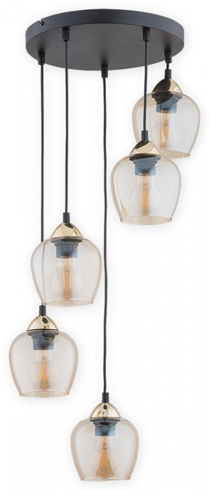 Lampa wisząca Margo 5-punktowa w kolorze czarnym z bursztynowymi kloszami. Klosze mają zaokrąglony kształt, a ich górna część jest wykończona w kolorze złotym. Zawieszona na trzech cienkich kablach, montowana do sufitowej podstawy.