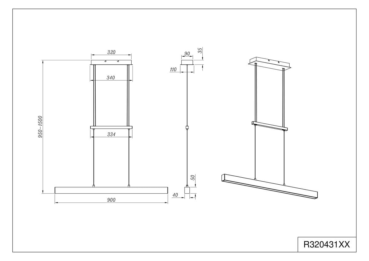 Paros LED lampa wisząca 3-punktowa w kolorze srebrnym, wykonana z aluminium. Wymiary: długość 900 mm, szerokość 320 mm, wysokość regulowana od 950 do 1500 mm. Prosty, nowoczesny design, idealna do aranżacji wnętrz.