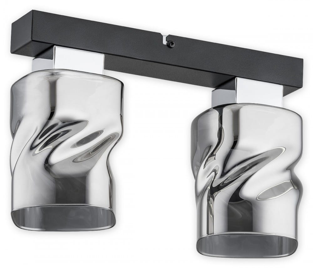 Lampa sufitowa Meru 2-punktowa w kolorze czarnym i grafitowym. Posiada dwa metalowe klosze o falistym kształcie i błyszczącej powierzchni. Ułożona poziomo, montowana na czarnej podstawie z chromowanymi elementami.