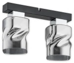 Lampa sufitowa Meru 2-punktowa w kolorze czarnym i grafitowym. Posiada dwa metalowe klosze o falistym kształcie i błyszczącej powierzchni. Ułożona poziomo, montowana na czarnej podstawie z chromowanymi elementami.