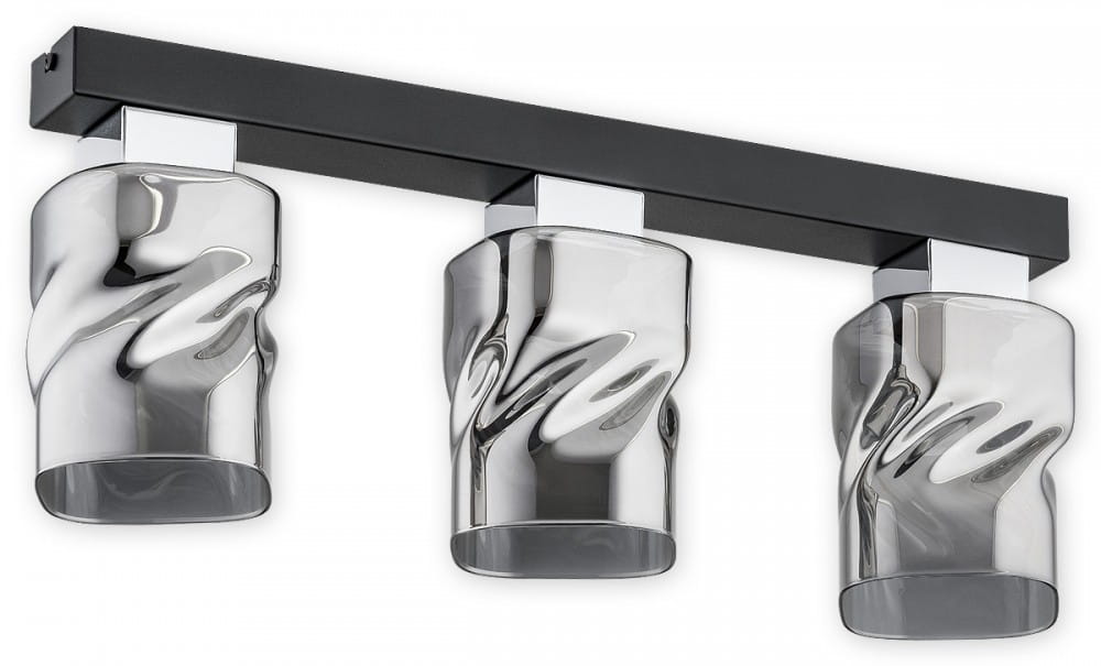 Czarna lampa sufitowa Meru z trzema punktami świetlnymi, z metalowym wspornikiem. Szklane klosze w kształcie walca o falistej fakturze, przezroczyste z delikatnym połyskiem. Produkt zamontowany poziomo.