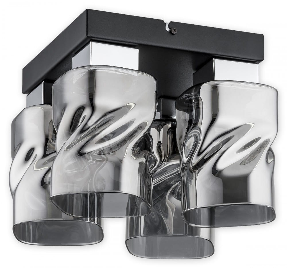 Czarna lampa sufitowa Meru z czterema szklanymi kloszami w grafitowym odcieniu, w kształcie fal. Ujęcie z boku, ukazujące nowoczesny design i połyskujące wykończenie. Montowana na suficie, idealna do nowoczesnych wnętrz.